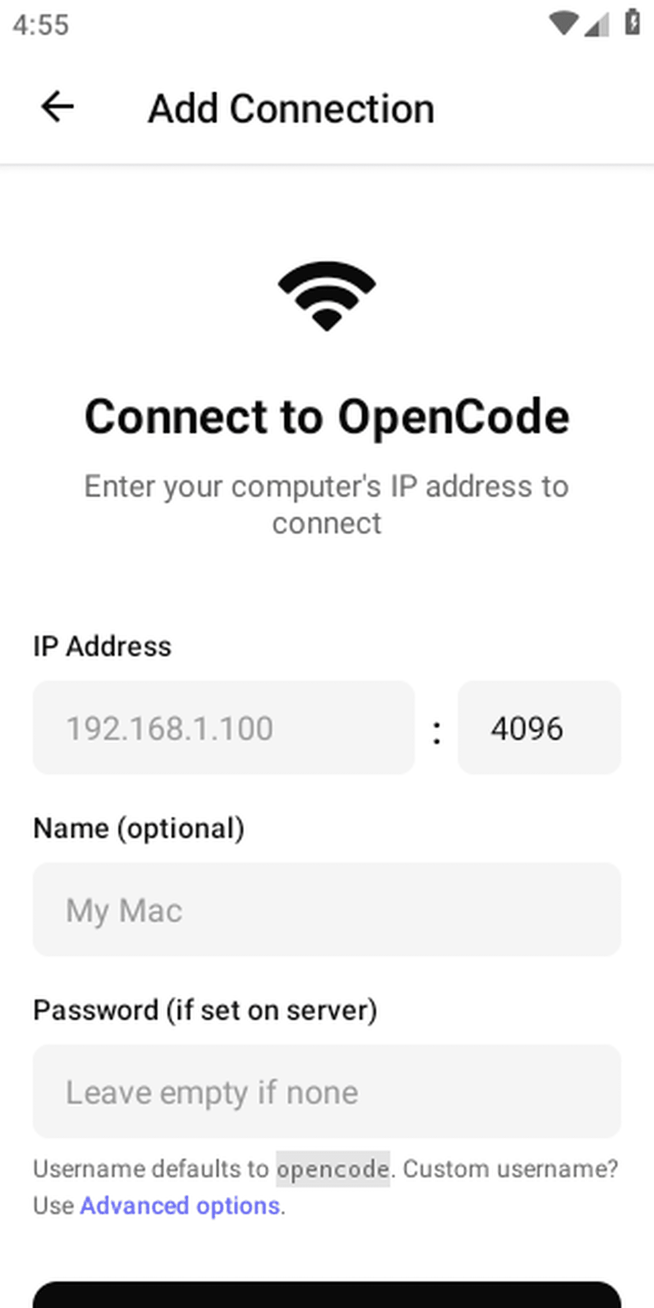 Add Connection screen with IP address, port, name, and optional password fields for pairing with an OpenCode server.