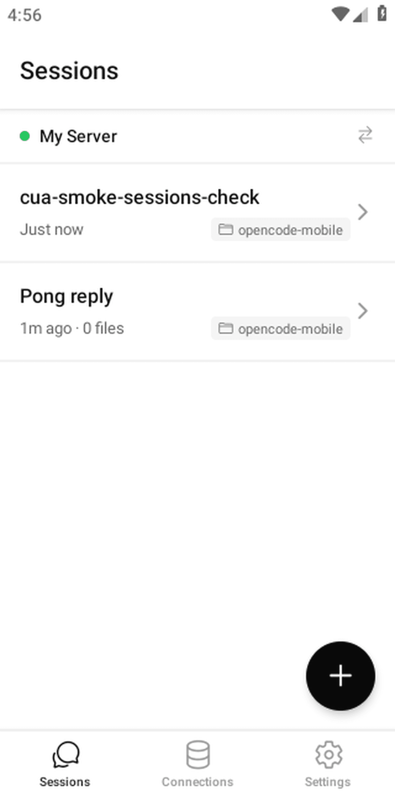 Sessions list showing the connected server and recent coding conversations.