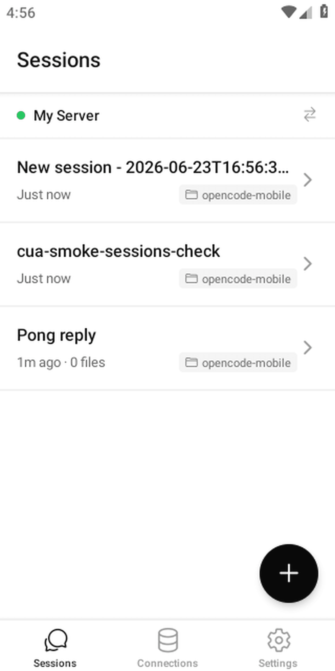 Sessions list right after creating a new session, shown at the top with the connected server.