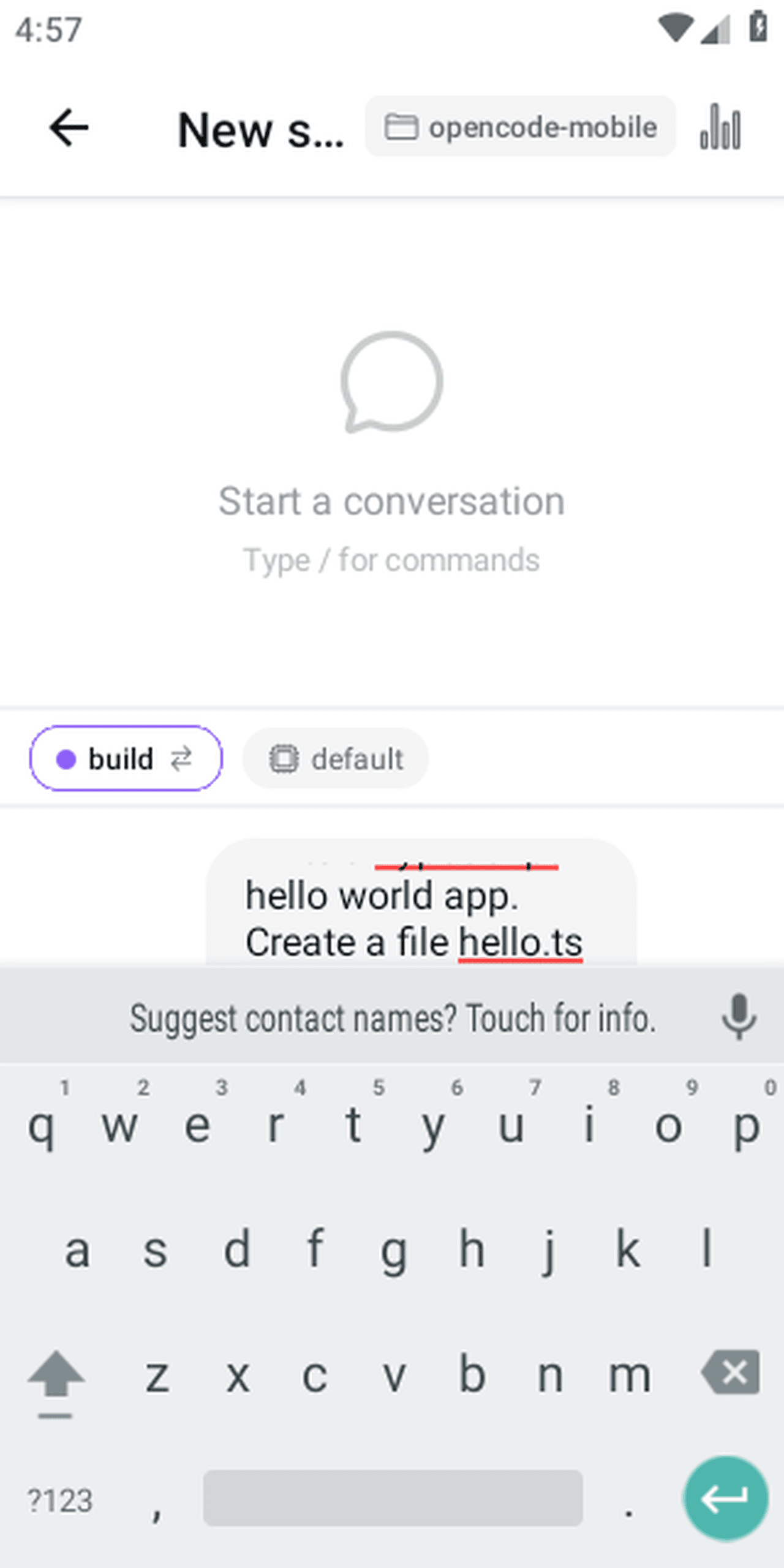 New session screen with a coding task typed into the message composer, ready to send.