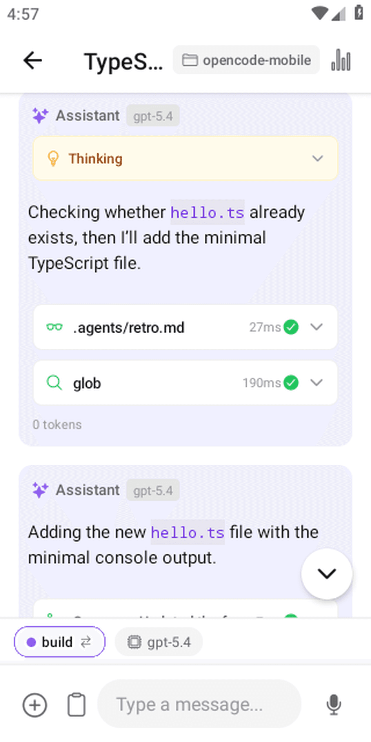 Assistant reasoning about the task and running tool calls such as a glob search before editing files.